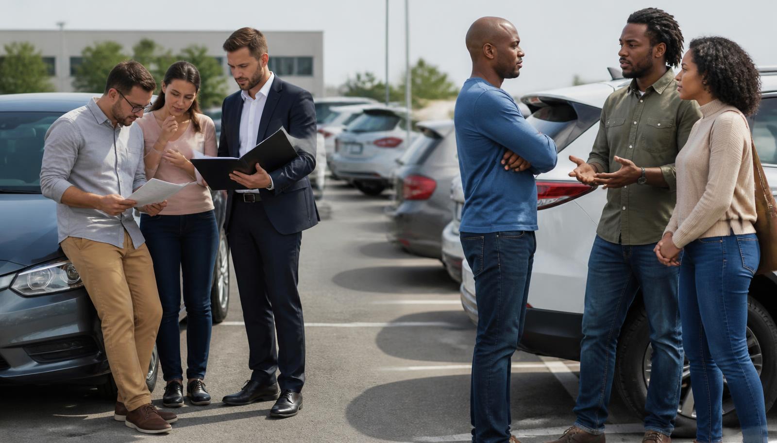 Grupos de motoristas conferindo documentos ao lado de carros estacionados em um pátio