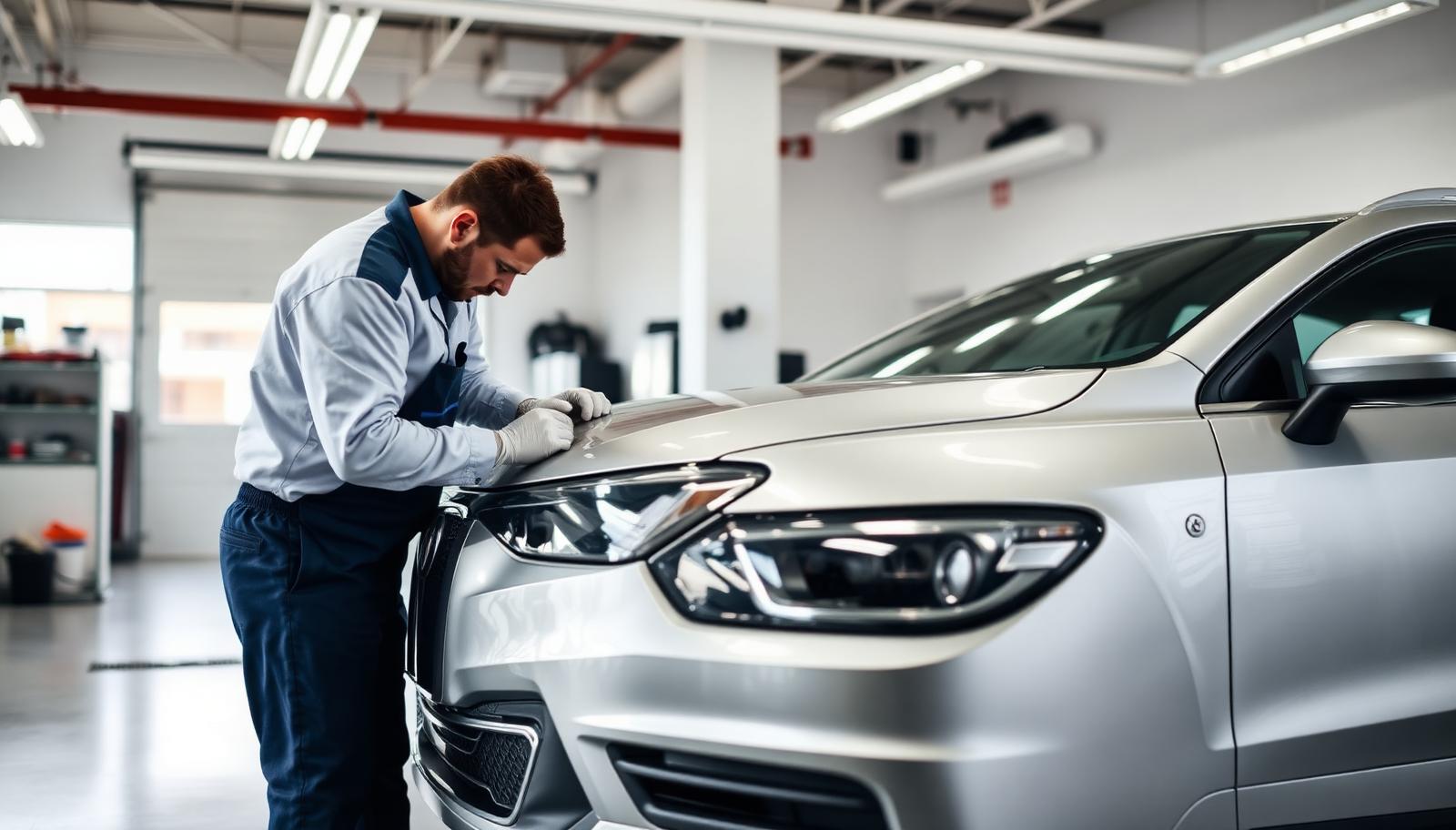 Técnico inspecionando a frente de um carro prateado dentro de uma oficina