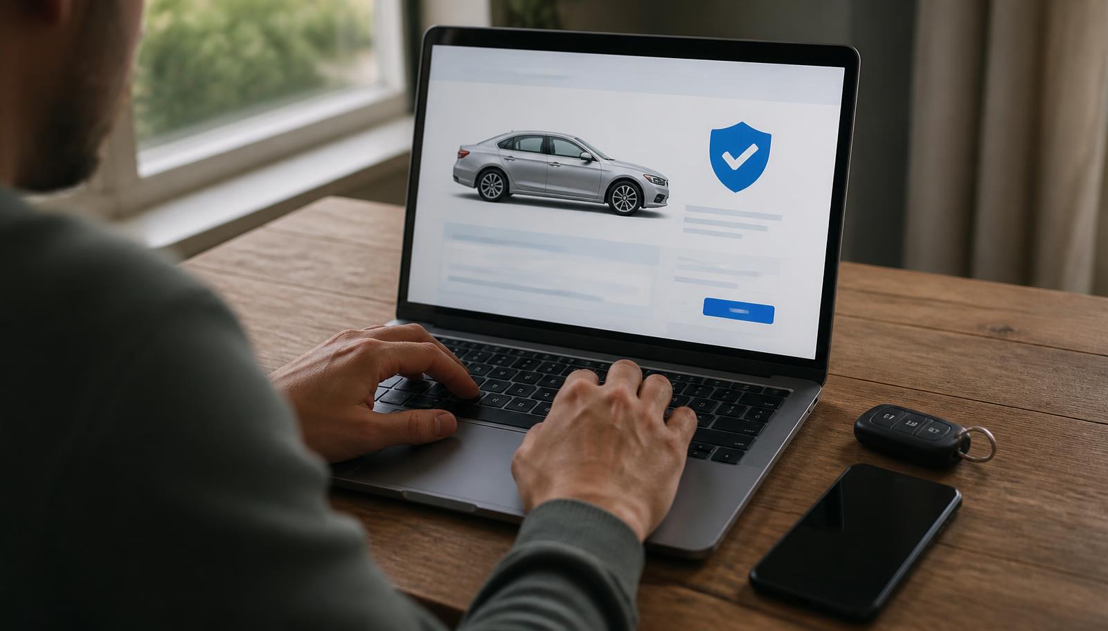 Motorista fazendo uma cotação de seguro de carro online no notebook, com a chave do veículo sobre a mesa